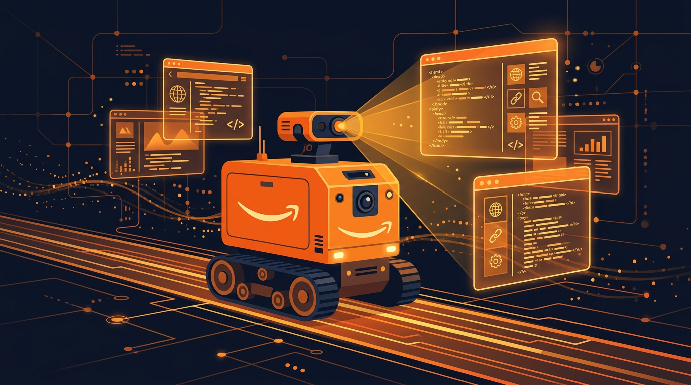 Orange Amazon-style delivery robot scanning and reading web pages for AI processing on dark background