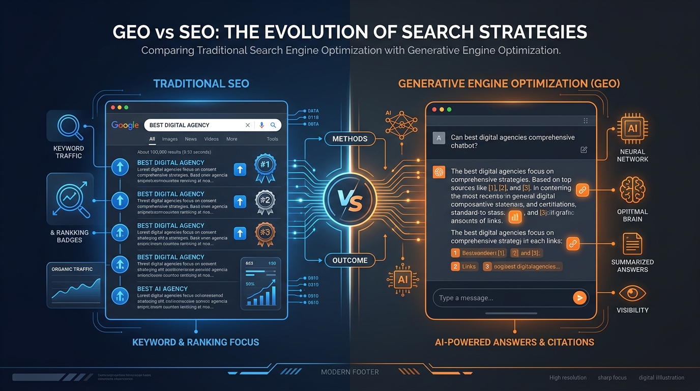 Split comparison showing SEO with traditional search results on the left and GEO with AI-generated answers on the right, on dark futuristic background