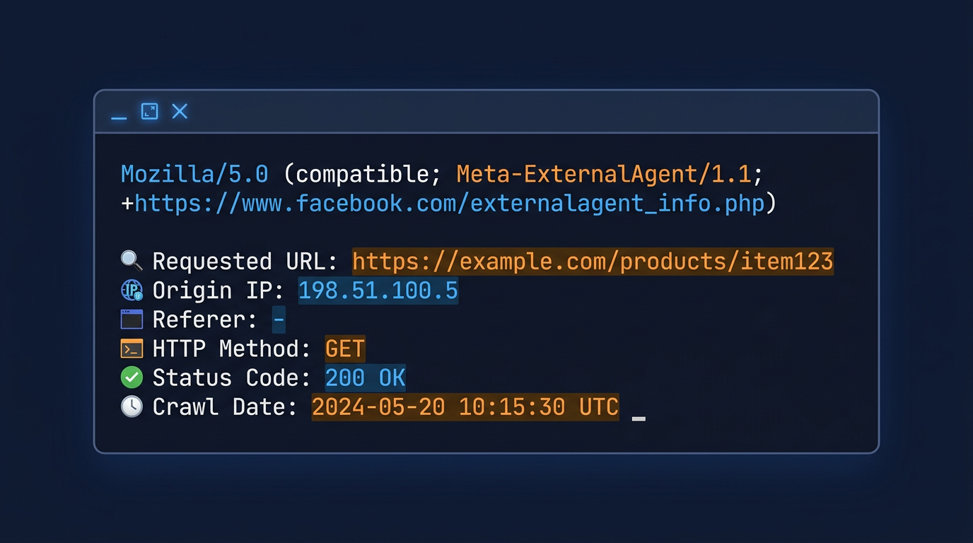 Meta-ExternalAgent crawler user agent string displayed on terminal with metadata